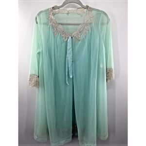 Vtg Chiffon Babydoll Nightgown Peignoir Robe Set Silky Nylon Lace Sheer S Evette